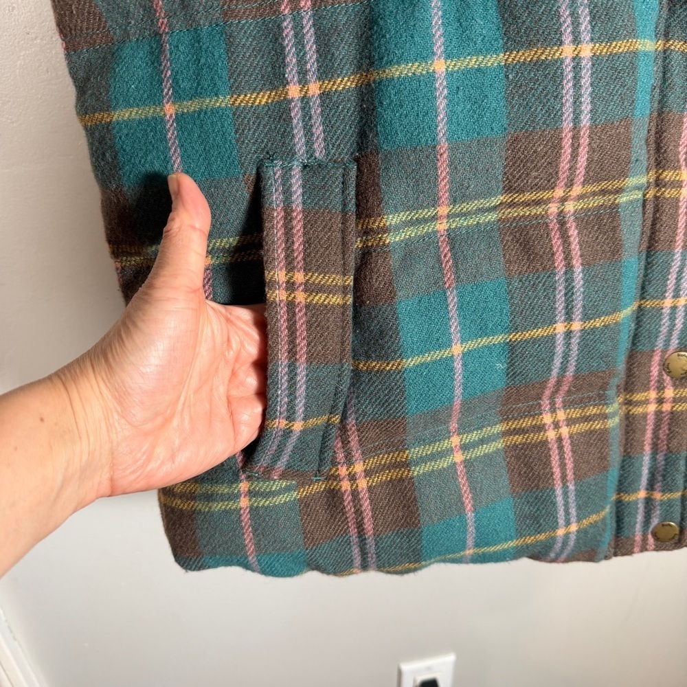 Boden Teal Brown Pink Yellow Plaid Pembroke Hooded Puffer Vest Size 16 - Picture 6 of 16